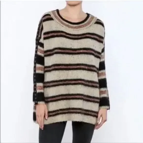 Free people sid striped oversized sweater size M black brown - Picture 2 of 7